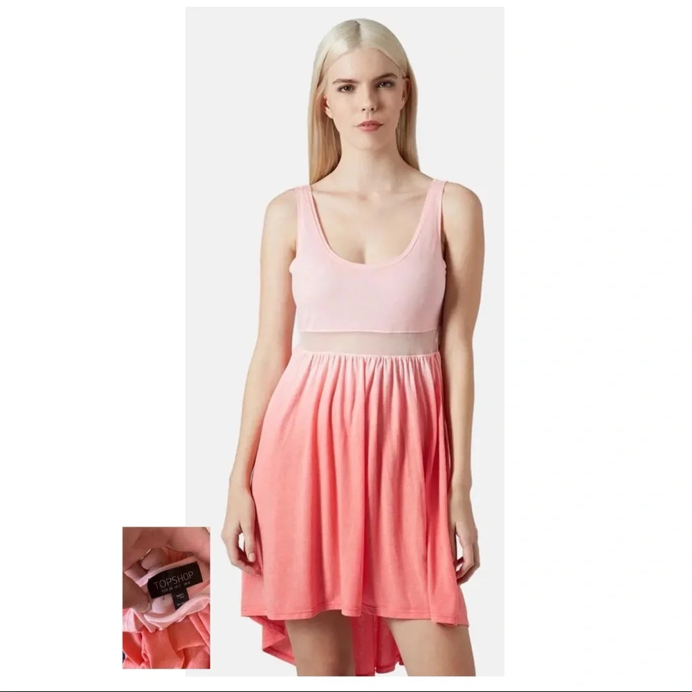 Topshop EUC Pink Mesh Inset Ombre High Low Dress